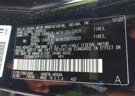 2023 Toyota Highlander Hybrid Limited/Hybrid Platinum из США, поврежденный, VIN 5TDXBRCH5PS111052